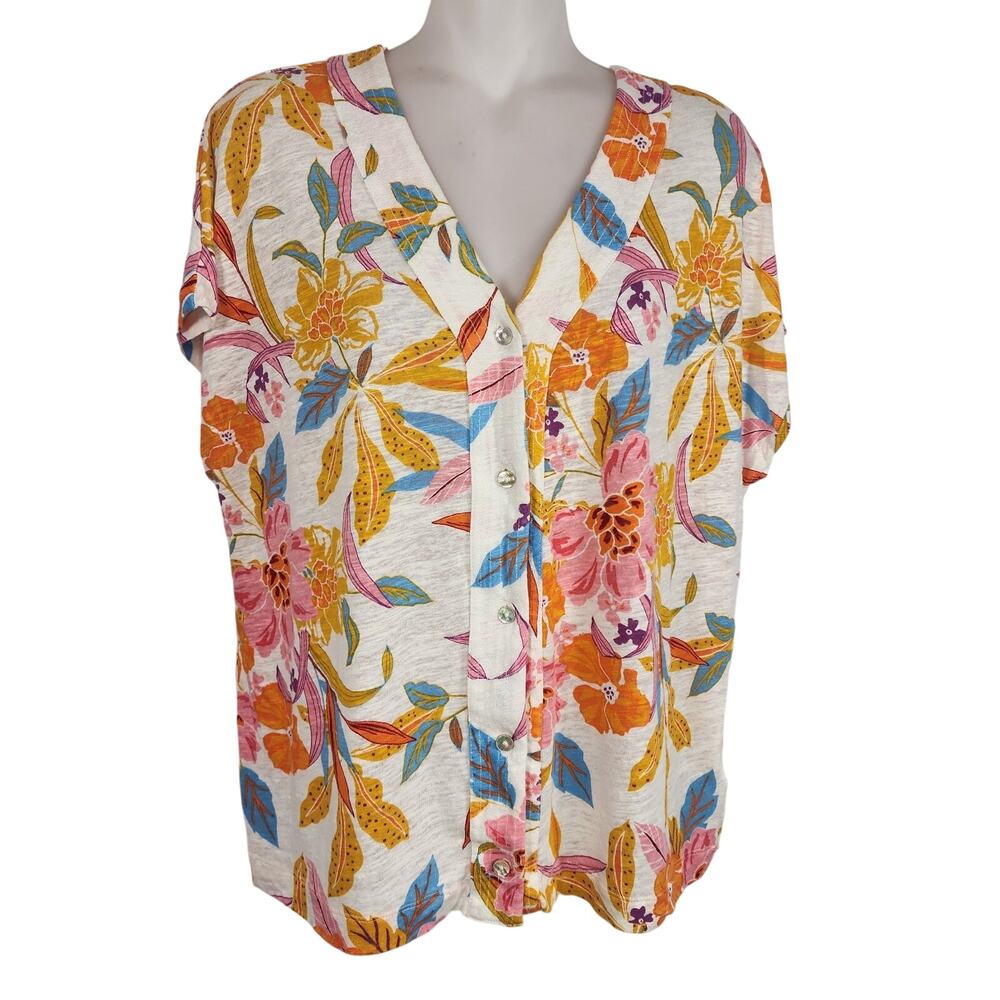 C&C California Womens Linen Lyocell Top Button XL Floral Tropical Resortwear